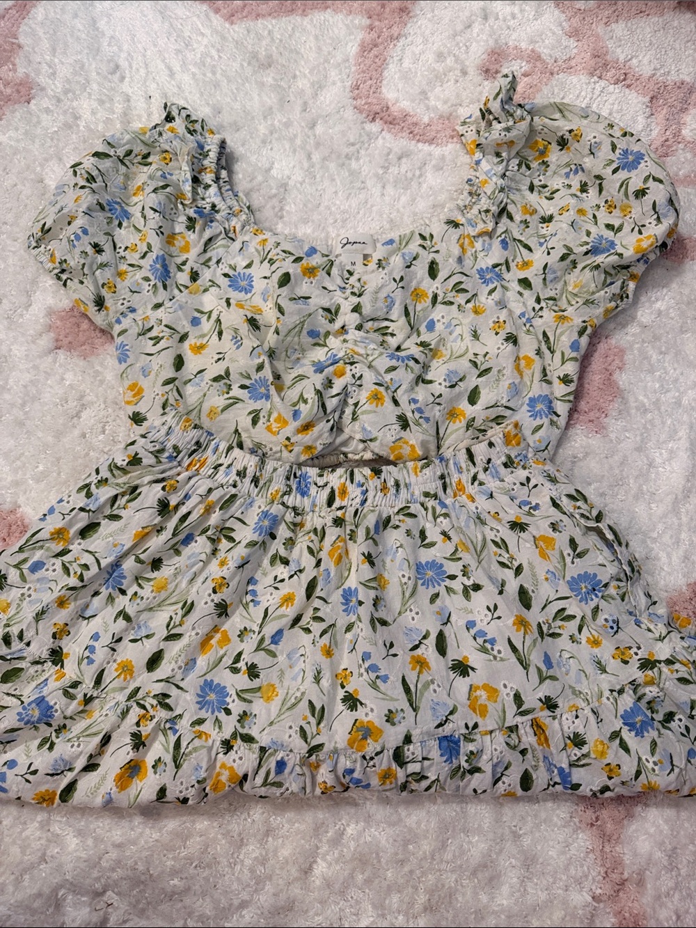 Floral Puff Sleeve Cotton Top — Blue & Yellow Flowers
